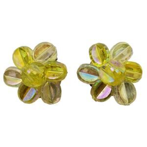 West Germany Yellow Cluster Earrings Beaded Clip On Atomic Vintage 1960s AB